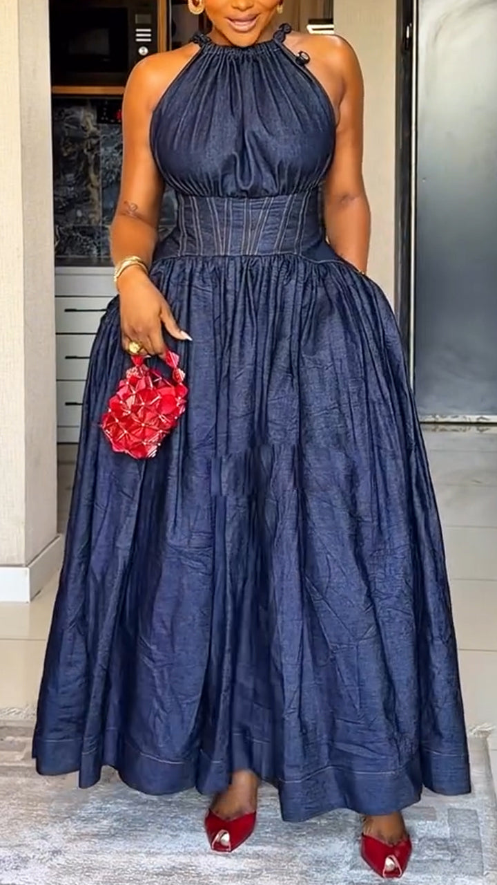 Women Round Neck Sleeveless Waist Cinched Elegant Temperament Dress
