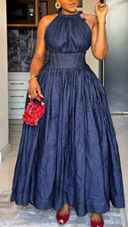 Women Round Neck Sleeveless Waist Cinched Elegant Temperament Dress