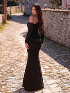 Faeriesty Elegant & Romantic Long Rhinestone Embellished Knit Formal Dress, Asymmetric Neckline And Slit Design Suitable For New Year And Evening Occasions Wedding Party Black