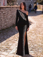 Faeriesty Elegant & Romantic Long Rhinestone Embellished Knit Formal Dress, Asymmetric Neckline And Slit Design Suitable For New Year And Evening Occasions Wedding Party Black