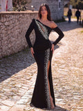 Faeriesty Elegant & Romantic Long Rhinestone Embellished Knit Formal Dress, Asymmetric Neckline And Slit Design Suitable For New Year And Evening Occasions Wedding Party Black