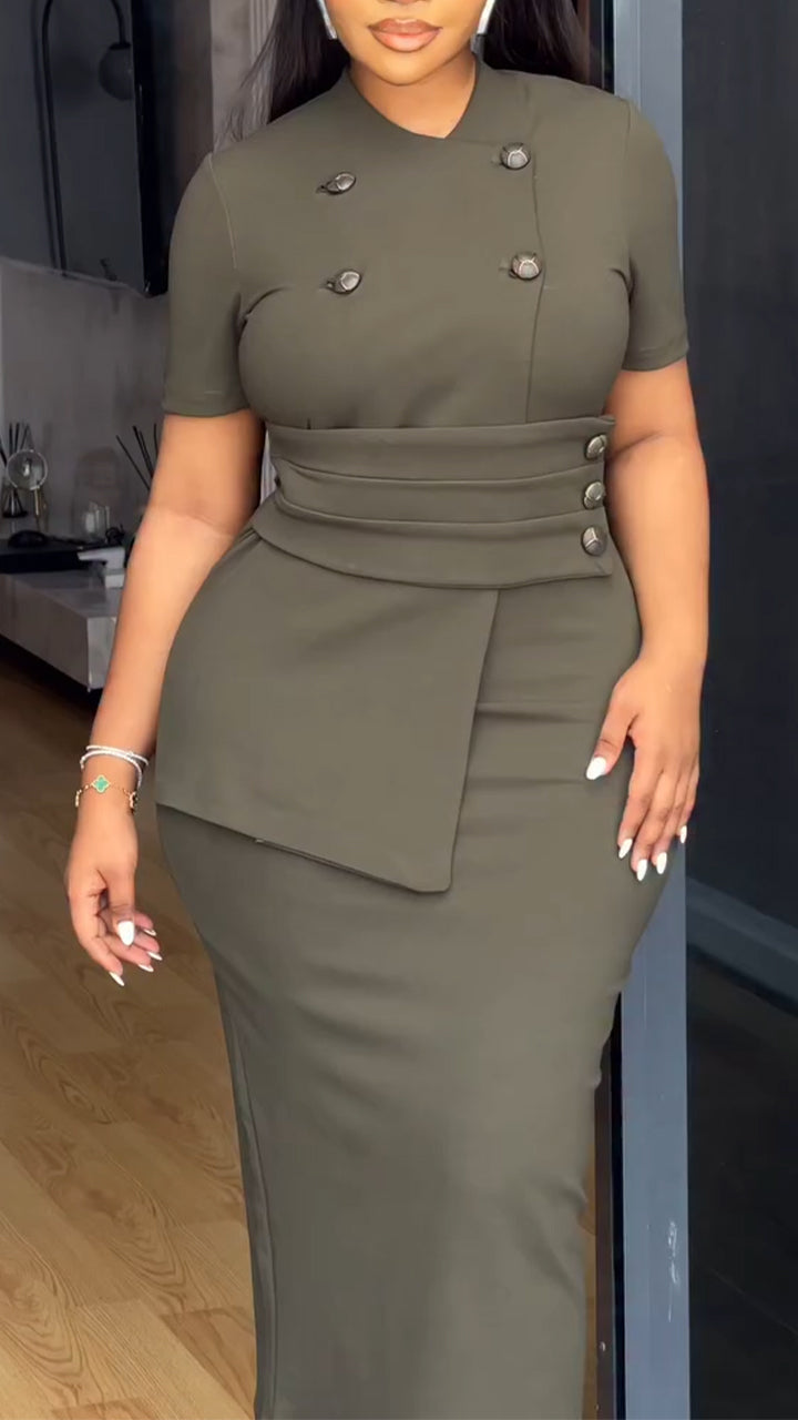 Women Round Neck Double Breasted Spliced Waist Cinching Commuting Dress with Temperament