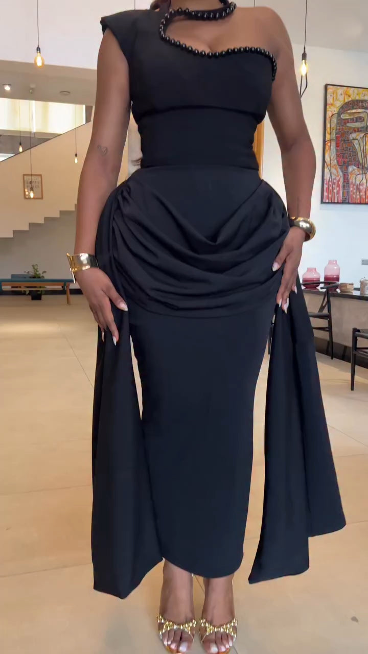 Women Neck Hanging Nail Bead Shoulder Splicing Elegant Temperament Dinner Party Style Dress