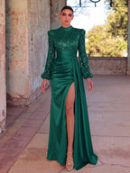 Faeriesty Elegant High Neck Long Sleeve Evening Gown, Featuring Faux Pearl Embellishments And Satin Contrast Design, Suitable For Red Carpet, Galas, Weddings, And Formal Dinners Party
