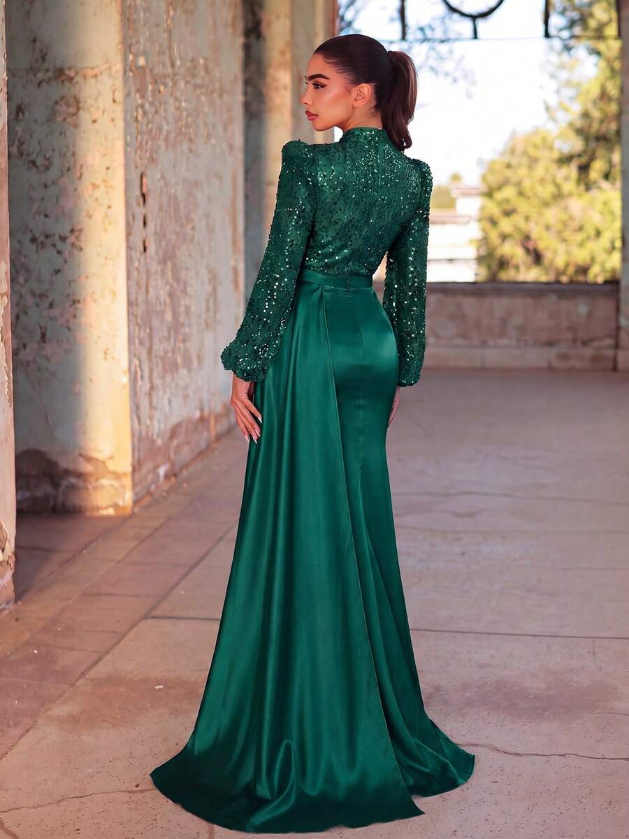 Faeriesty Elegant High Neck Long Sleeve Evening Gown, Featuring Faux Pearl Embellishments And Satin Contrast Design, Suitable For Red Carpet, Galas, Weddings, And Formal Dinners Party