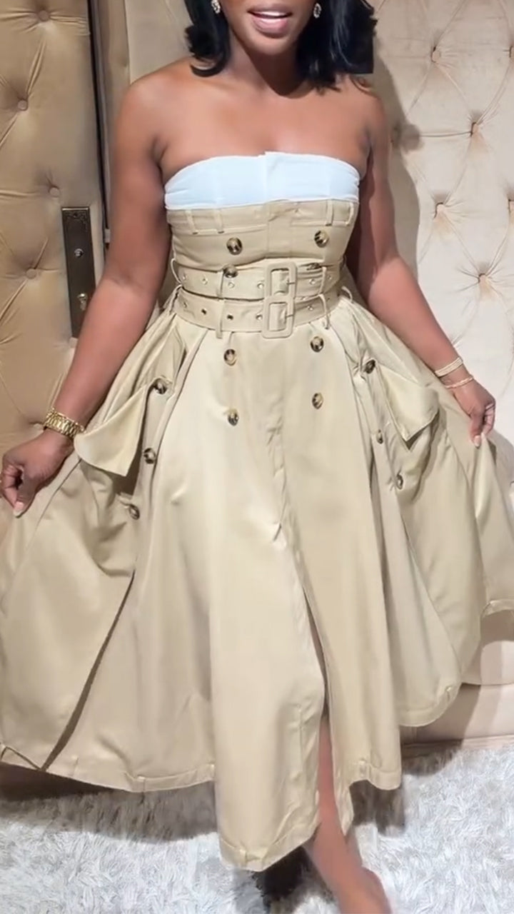 Women Strapless Sleeveless Patchwork Double Breasted Elegant Temperament Dress