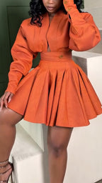 Women Deep V-neck Coat + High Waisted Pleated Half Skirt Elegant Temperament Set