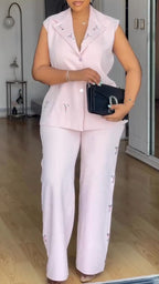 Women Collar Sleeveless Rhinestone Patterned Jacket + Pants Temperament Commuting Set