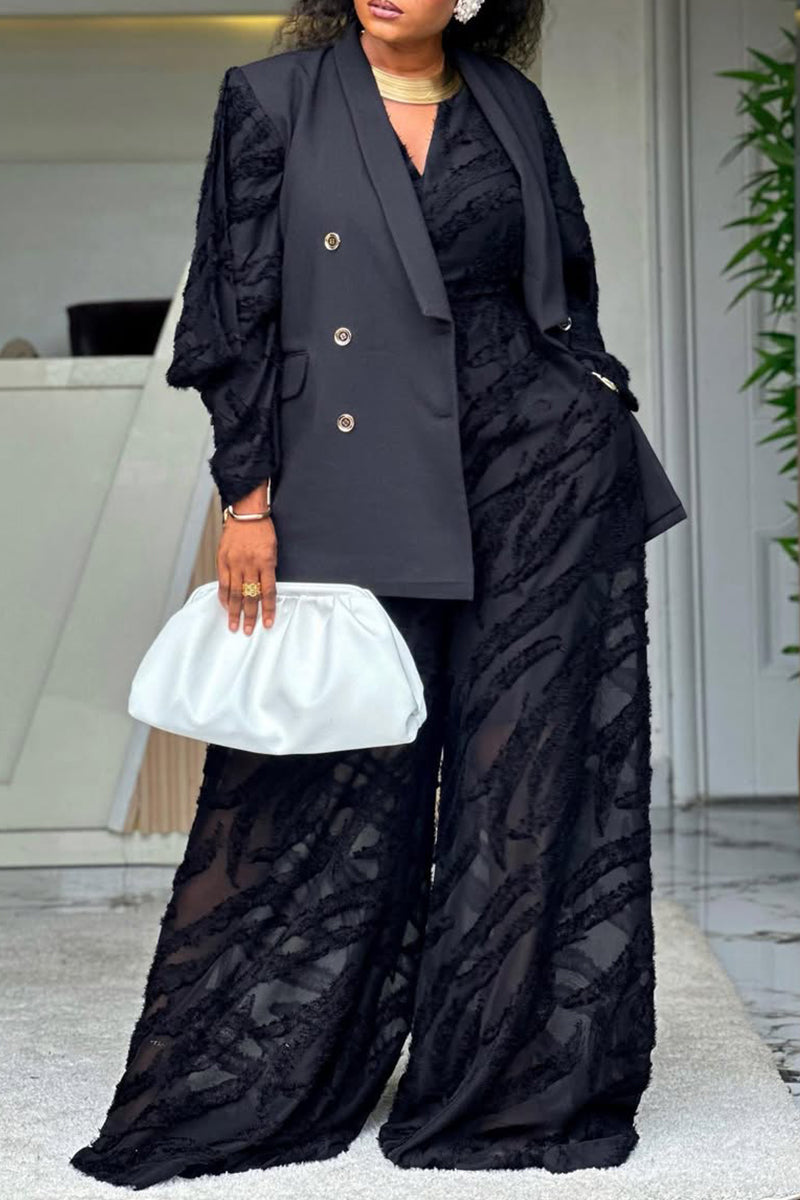 Women Formal V-neck Sleeveless Textured Jumpsuit or Lapel Patchwork Jacket