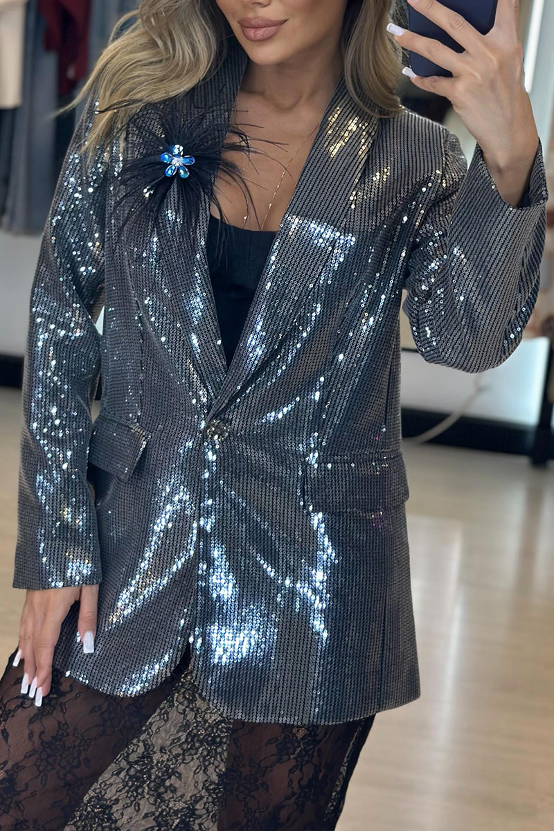 Women Collar Style Casual Sequin Formal Jacket