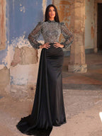 Faeriesty Elegant And Luxurious High Neck Long Evening Dress, With Sheer Puff Sleeves, Decorated With Sequins And Sequins, Satin Mermaid Hem, Ideal For Dates And Evenings Out Wedding Party