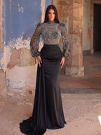 Faeriesty Elegant And Luxurious High Neck Long Evening Dress, With Sheer Puff Sleeves, Decorated With Sequins And Sequins, Satin Mermaid Hem, Ideal For Dates And Evenings Out Wedding Party