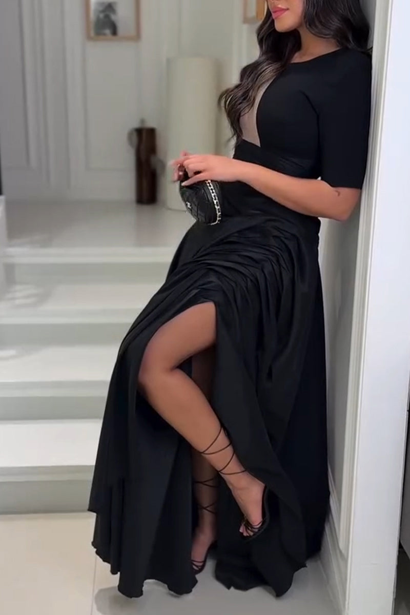 Women's Elegant Pleated Slit Hem Maxi Dress