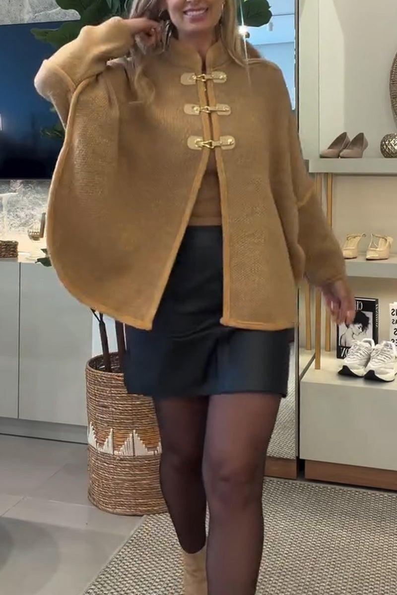 Women Casual Round Neck Metal Buckle Knitted Coat