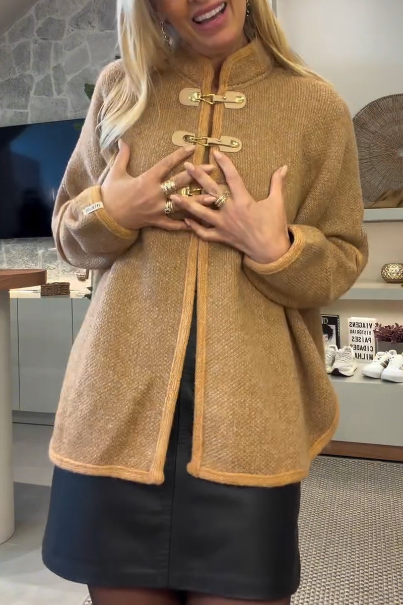 Women Casual Round Neck Metal Buckle Knitted Coat