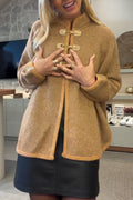 Women Casual Round Neck Metal Buckle Knitted Coat