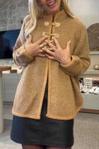 Women Casual Round Neck Metal Buckle Knitted Coat
