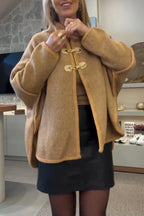 Women Casual Round Neck Metal Buckle Knitted Coat