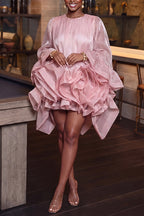 Women's Elegant Flounce Sleeve Multi Tiered Hem Layered Romantic Dress