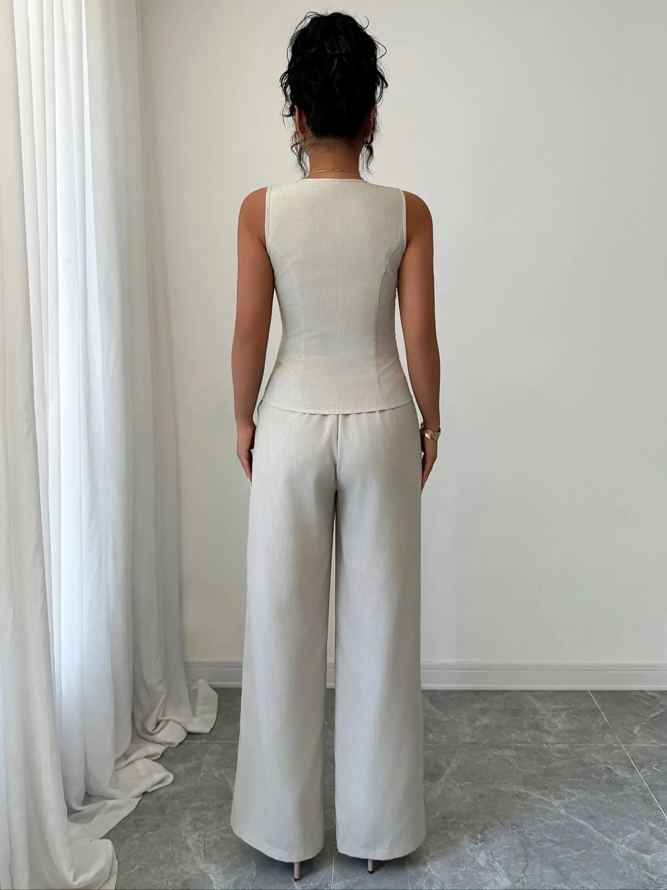 Colorblock V-Neck Sleeveless Button Vest Set Suits with Wide Leg Pants, Spring & Fall Fashion, Minimalist, Slim Fit, Plain Pattern, Natural Waist, Womenswear