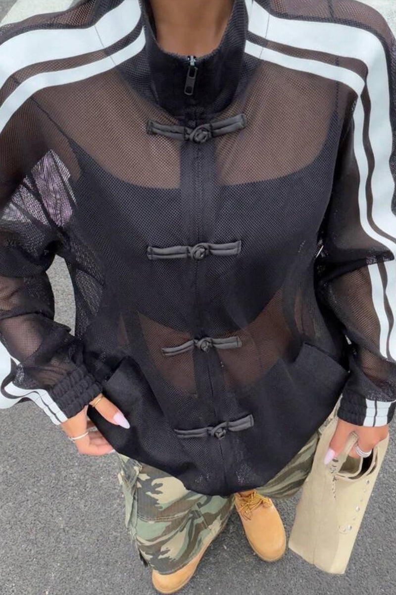 Women's Fashion Mesh Sheer Frog Button Trim Jacket