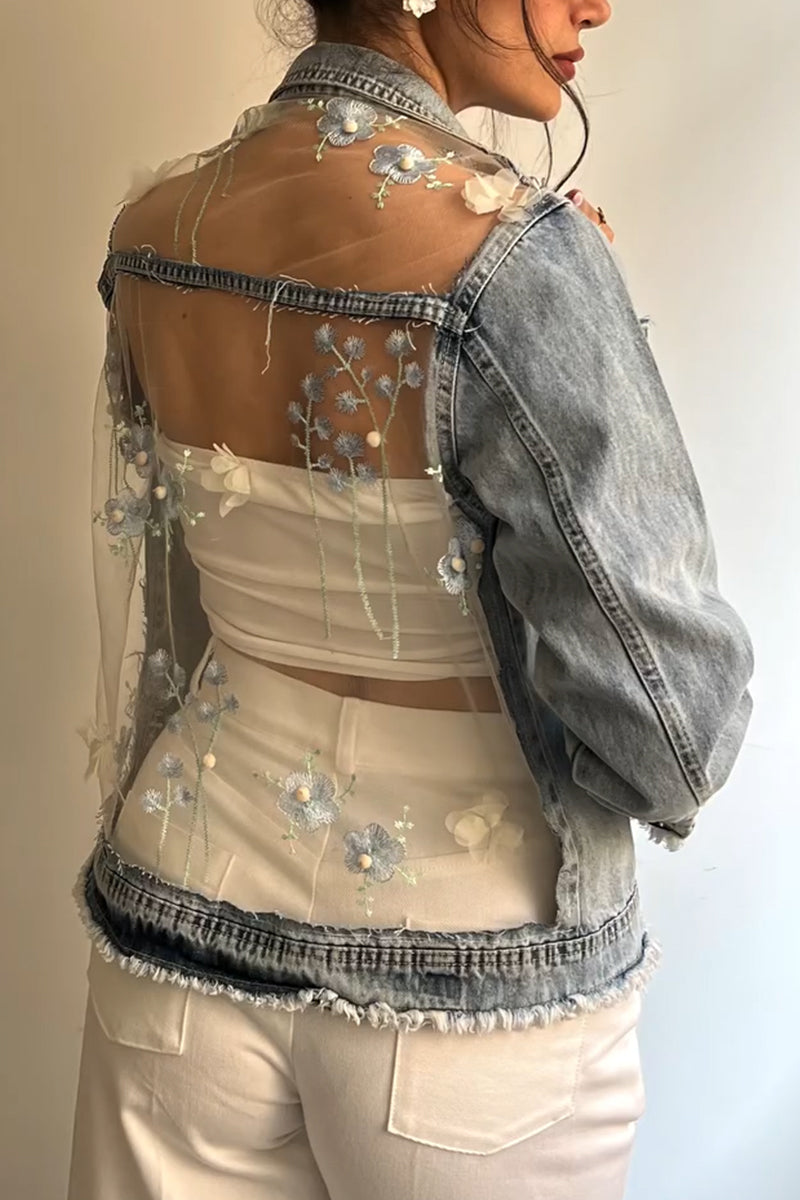Women Collar Splicing Perspective Flower Casual Denim Jacket