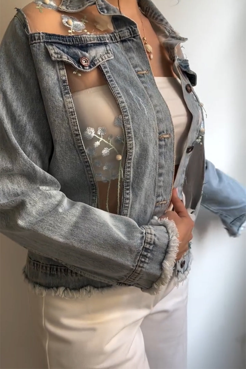 Women Collar Splicing Perspective Flower Casual Denim Jacket