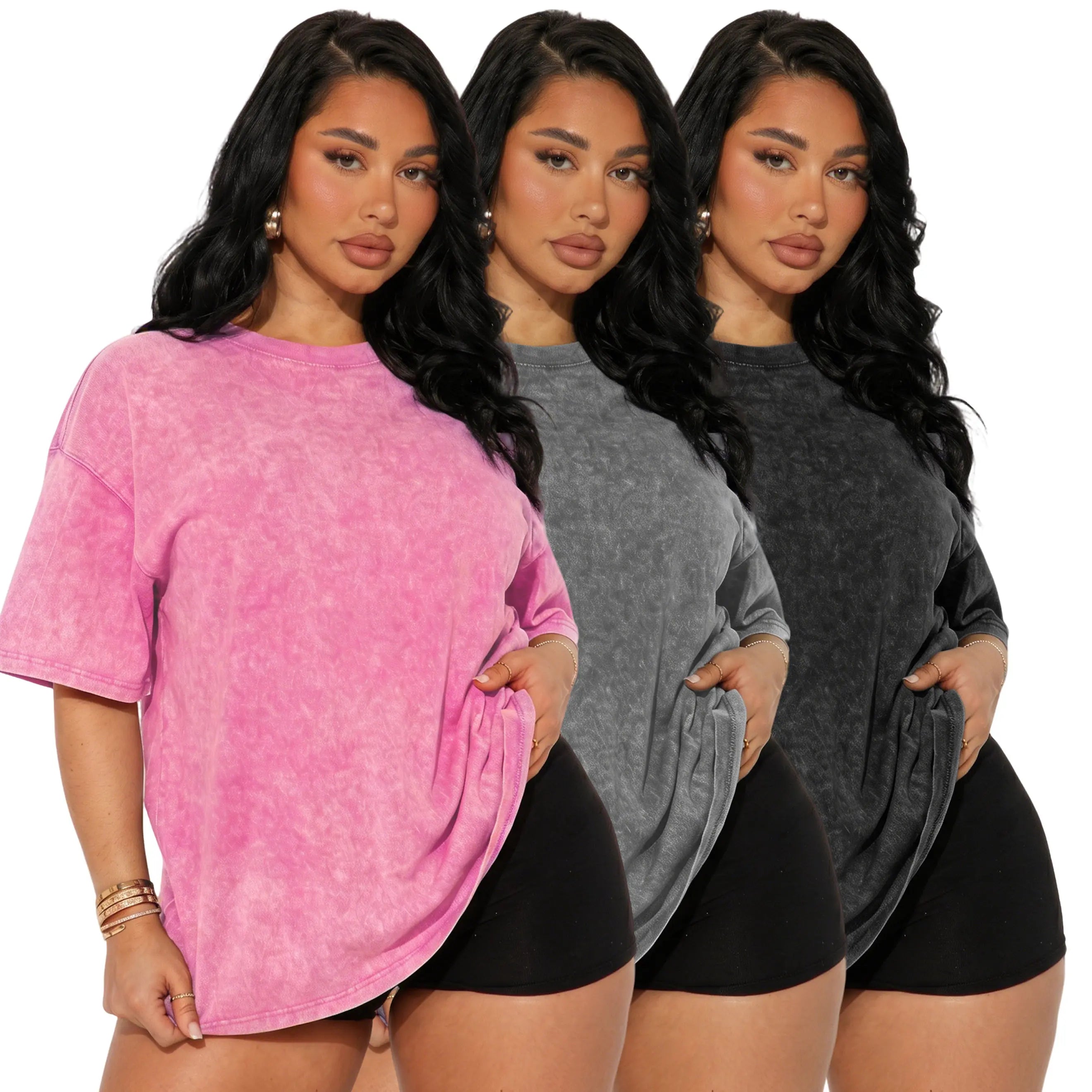 Women’s 3-pack American vintage distressed short-sleeve T-shirts, casual versatile crew neck minimalist solid color tops, suitable for home wear and everyday outings.