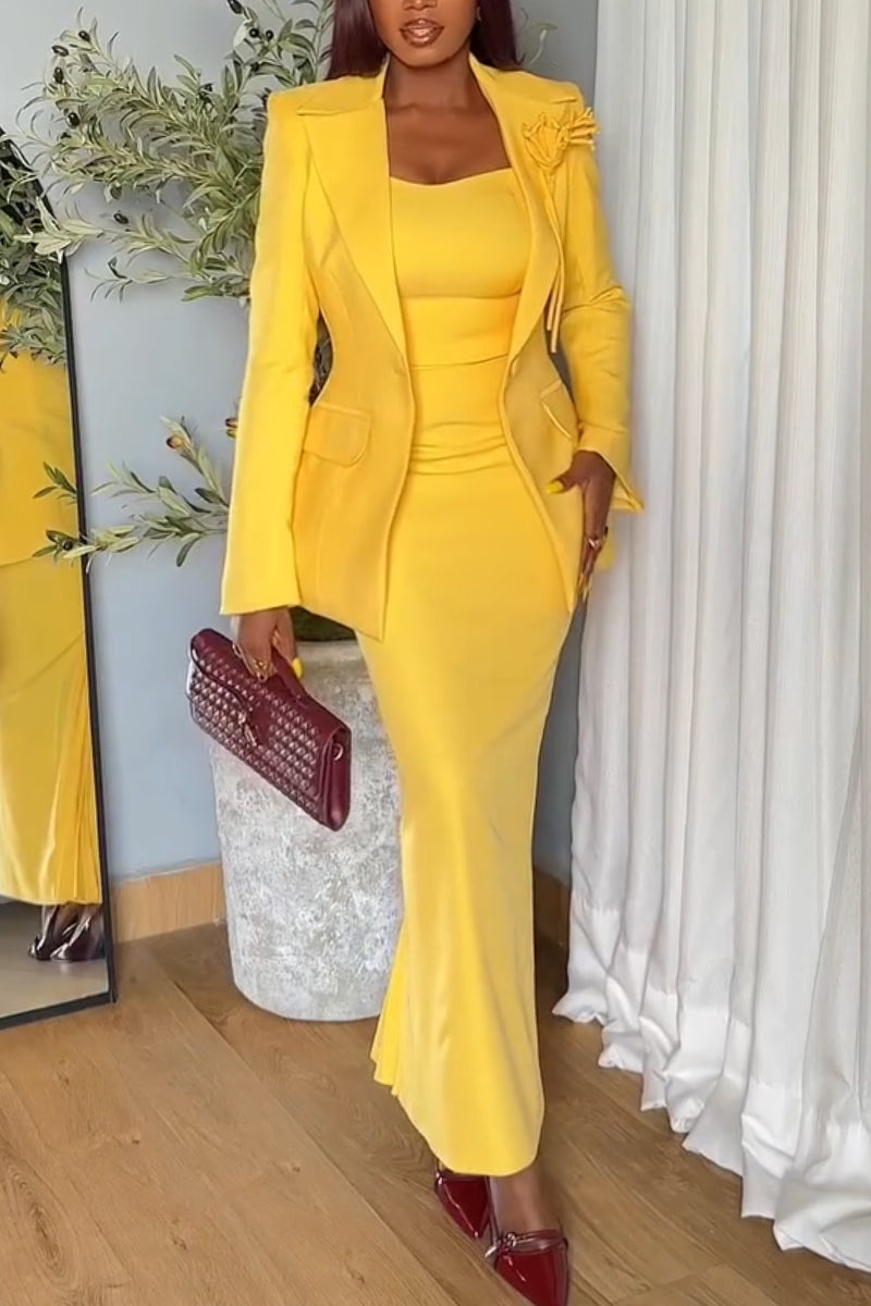 Women Temperament Spaghetti Strap Slim Fit Dress or Lapel Jacket