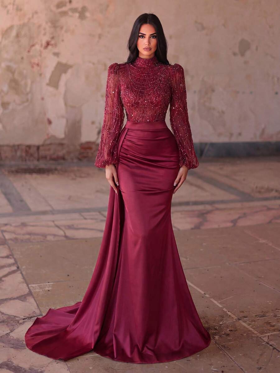 Faeriesty Elegant And Luxurious High Neck Long Evening Dress, With Sheer Puff Sleeves, Decorated With Sequins And Sequins, Satin Mermaid Hem, Ideal For Dates And Evenings Out Wedding Party