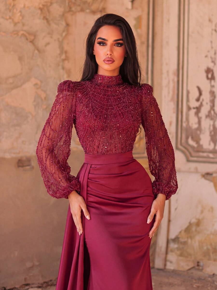 Faeriesty Elegant And Luxurious High Neck Long Evening Dress, With Sheer Puff Sleeves, Decorated With Sequins And Sequins, Satin Mermaid Hem, Ideal For Dates And Evenings Out Wedding Party