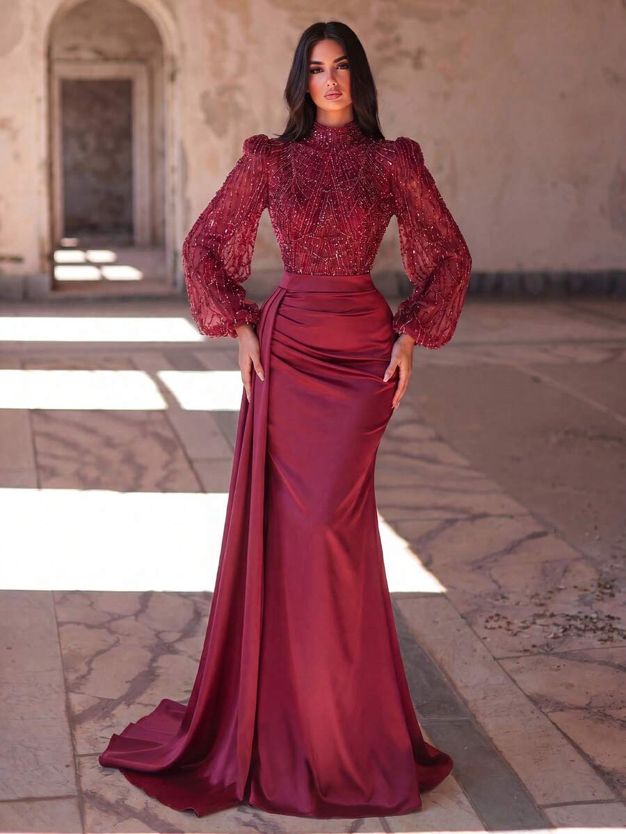 Faeriesty Elegant And Luxurious High Neck Long Evening Dress, With Sheer Puff Sleeves, Decorated With Sequins And Sequins, Satin Mermaid Hem, Ideal For Dates And Evenings Out Wedding Party
