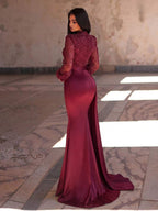 Faeriesty Elegant And Luxurious High Neck Long Evening Dress, With Sheer Puff Sleeves, Decorated With Sequins And Sequins, Satin Mermaid Hem, Ideal For Dates And Evenings Out Wedding Party