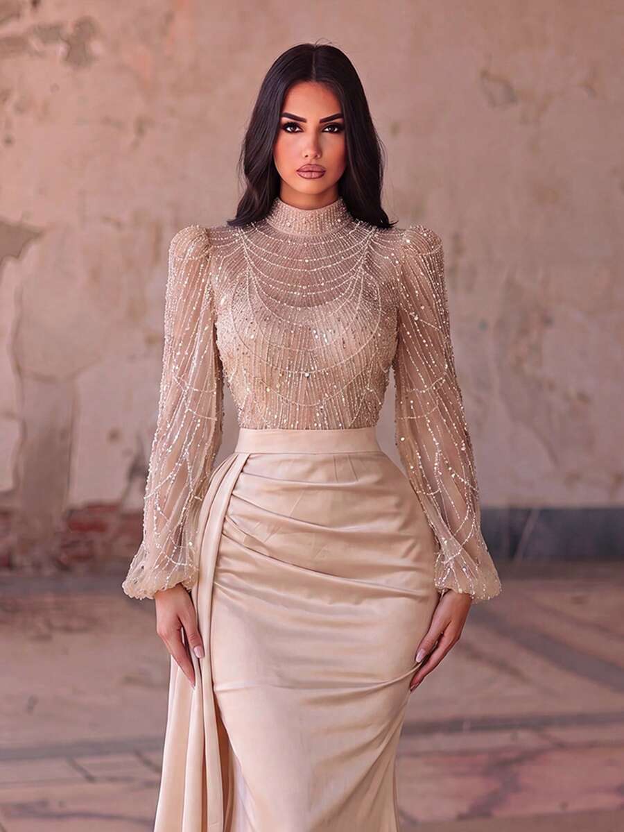 Faeriesty Elegant And Luxurious High Neck Long Evening Dress, With Sheer Puff Sleeves, Decorated With Sequins And Sequins, Satin Mermaid Hem, Ideal For Dates And Evenings Out Wedding Party