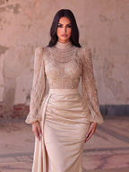 Faeriesty Elegant And Luxurious High Neck Long Evening Dress, With Sheer Puff Sleeves, Decorated With Sequins And Sequins, Satin Mermaid Hem, Ideal For Dates And Evenings Out Wedding Party