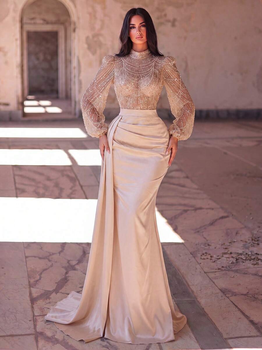 Faeriesty Elegant And Luxurious High Neck Long Evening Dress, With Sheer Puff Sleeves, Decorated With Sequins And Sequins, Satin Mermaid Hem, Ideal For Dates And Evenings Out Wedding Party