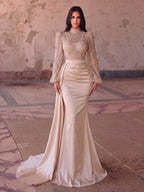 Faeriesty Elegant And Luxurious High Neck Long Evening Dress, With Sheer Puff Sleeves, Decorated With Sequins And Sequins, Satin Mermaid Hem, Ideal For Dates And Evenings Out Wedding Party