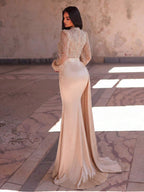 Faeriesty Elegant And Luxurious High Neck Long Evening Dress, With Sheer Puff Sleeves, Decorated With Sequins And Sequins, Satin Mermaid Hem, Ideal For Dates And Evenings Out Wedding Party