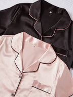 LuxeNights 4pcs/Set Faux Silk Lapel Cardigan & Shorts Pajama Set