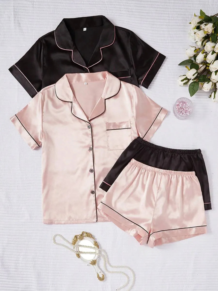 LuxeNights 4pcs/Set Faux Silk Lapel Cardigan & Shorts Pajama Set