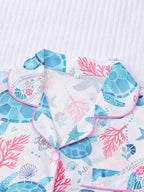 2pcs Women Pajama Set, Ocean Turtle Print, Ladies Homewear, Spring/Summer Holiday Outfit, Short Sleeve Polo Shirt And Shorts Suit