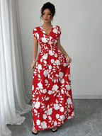 Elenzga Women V-Neck Allover Print Casual Long Dress