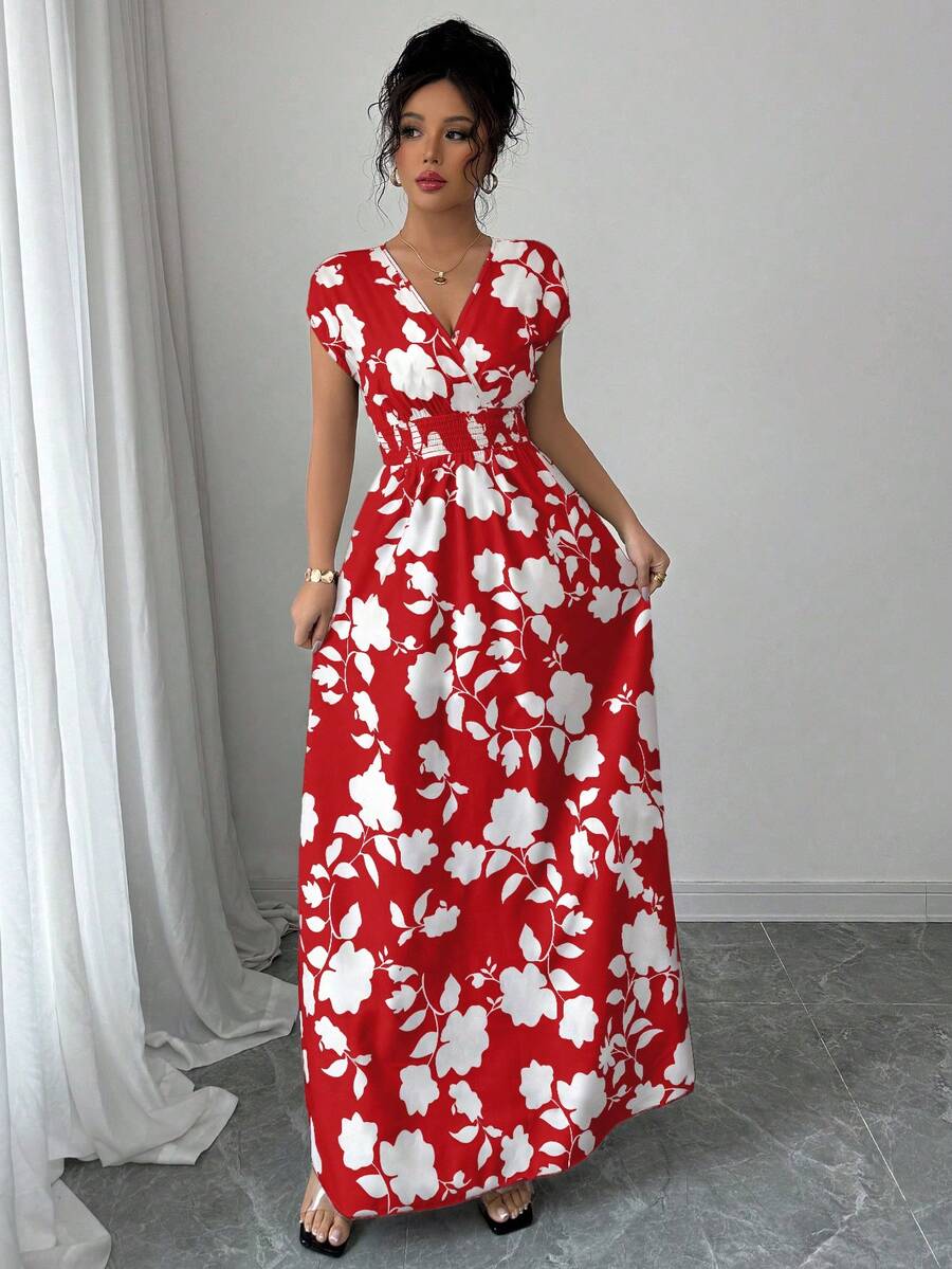 Elenzga Women V-Neck Allover Print Casual Long Dress