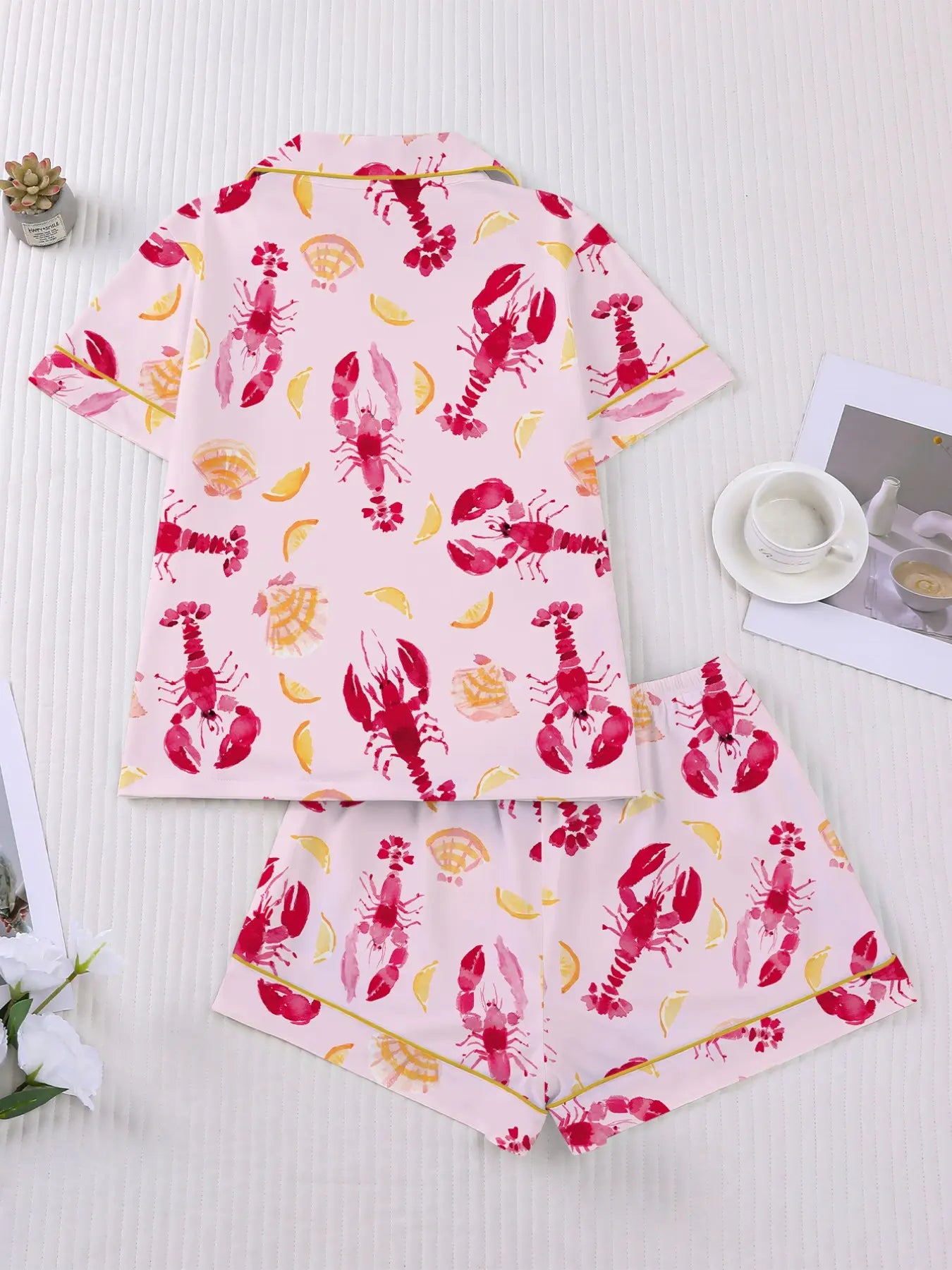 Women's Sleepwear Set, Short Sleeve Lapel Button Soft Top & Elastic Shorts