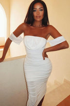 Bardot Cowl Neck Ruched Midi Dress