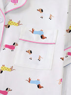 2pcs Women's Pajama Set, Dachshund Puppy Print, Women's Loungewear, Spring/Summer Holiday Outfit, Short Sleeve Lapel Top And Shorts Set Suitable For Outdoor Wear