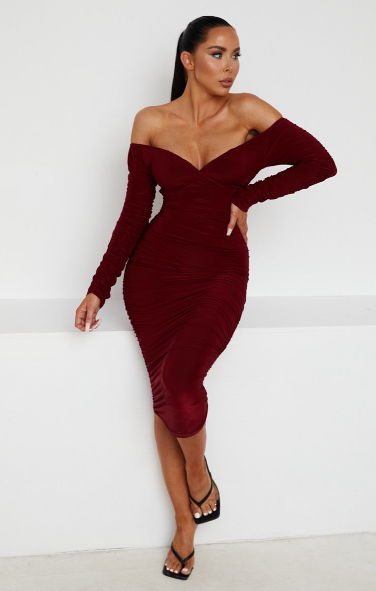 Ruched Bardot Long Sleeve Bodycon Mini Dress