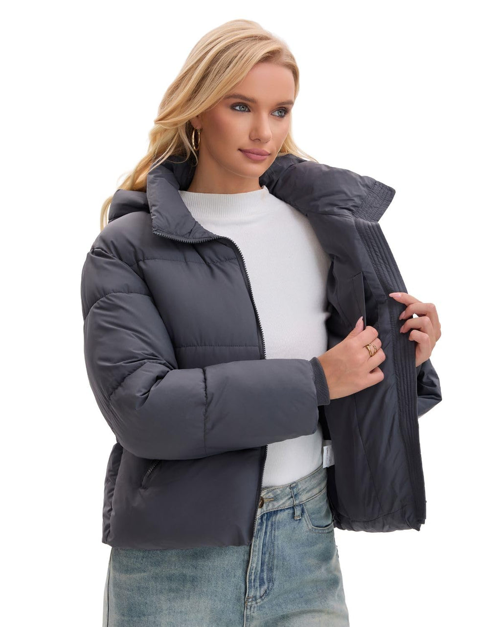 Warm Core Premium Short Puffer Jackets with Removable Hood & Optional Faux Fur Linging, Lady Casual Outerwear Longsleeves Zip Pockets Warm Quilted Coat