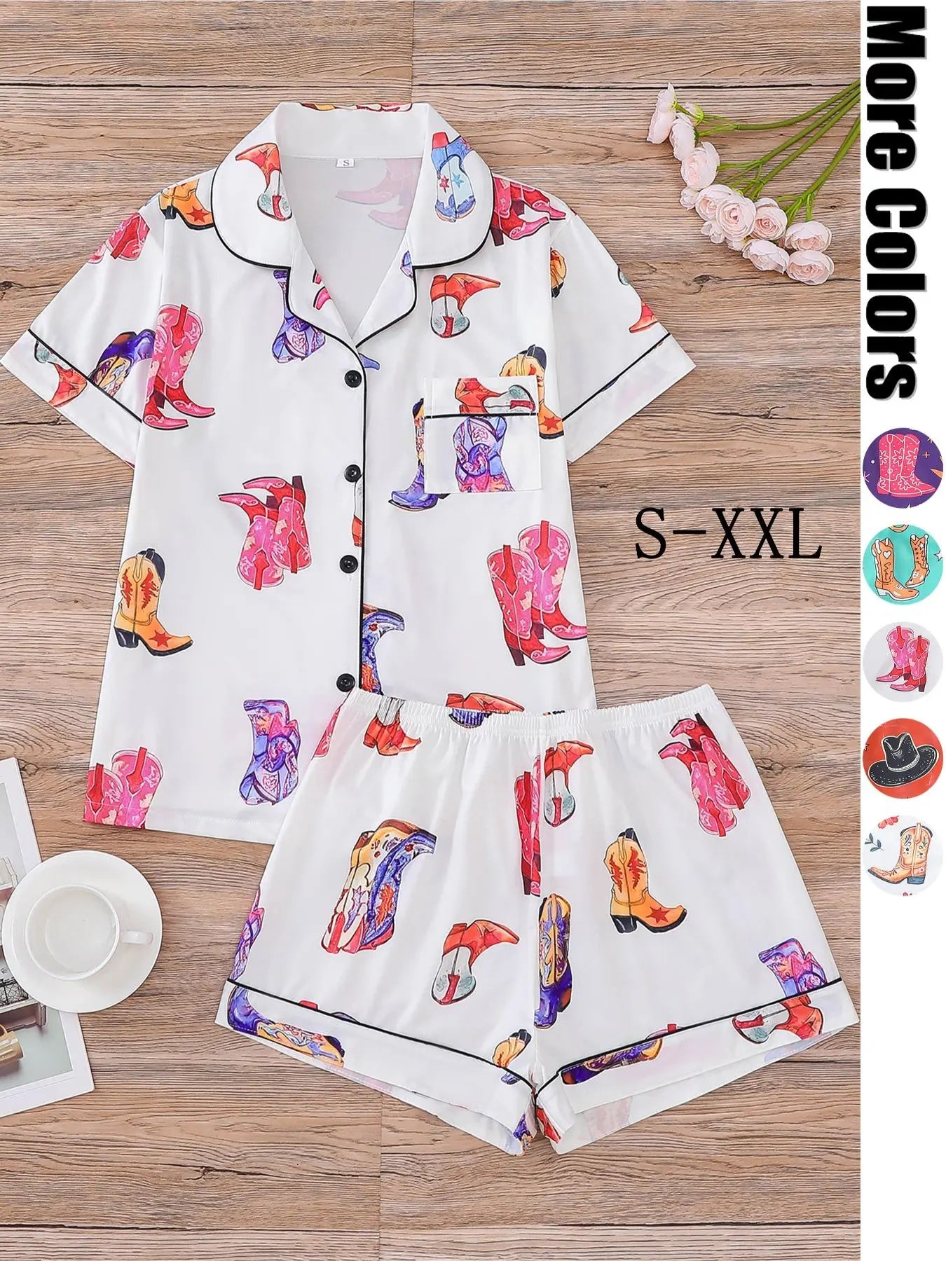 Women's All Over Cowboy Print Lapel Neck Button Front Pajama