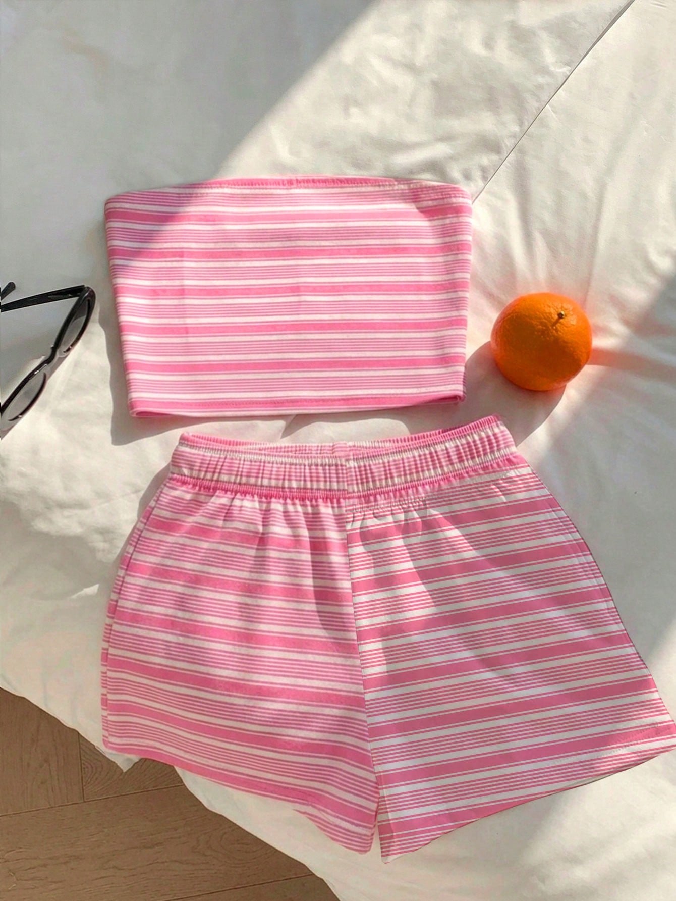 Comfortcana Women Summer Outfit,Pink And White Striped Tube Top & Shorts 2-Piece Set,Cute Casual Minimalist Everyday Versatile Resort Beach Outfit For Ladies